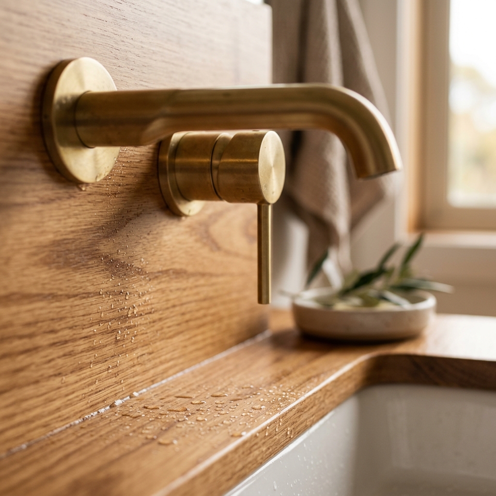 Figure 1.1: A detailed macro close-up of custom brushed gold fixtures mounted against Osmo-sealed warm Tasmanian Oak timber.