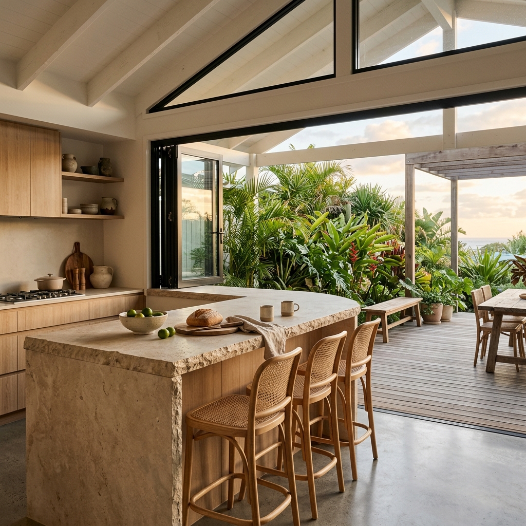 Figure 2.1: Kinfolk-style wide-angle shot of the completed Noosa pavilion kitchen bifold servery window opening onto the outdoor deck.