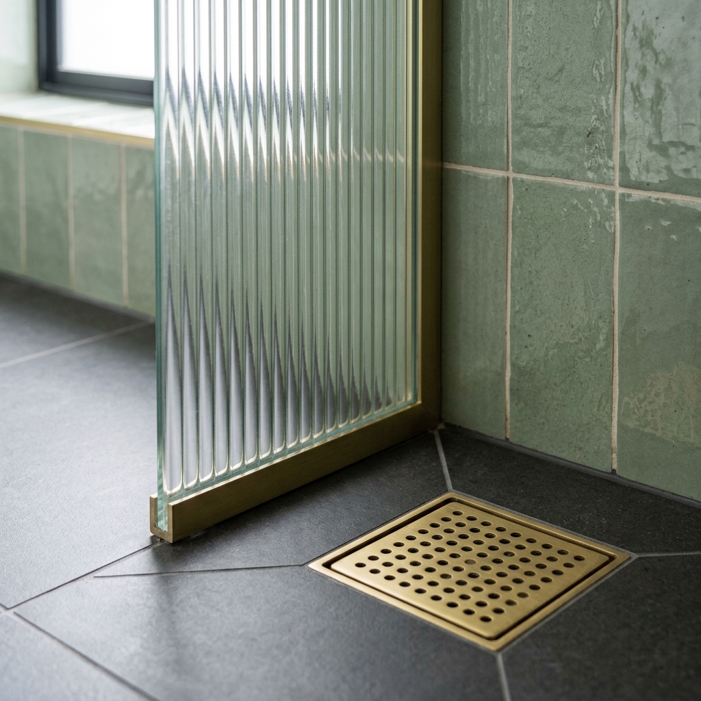 Figure 1.2: The intersection of 10mm safety fluted glass, sage wall tiles, and a brass floor waste drain complying with QLD AS 3740/1288 standards.